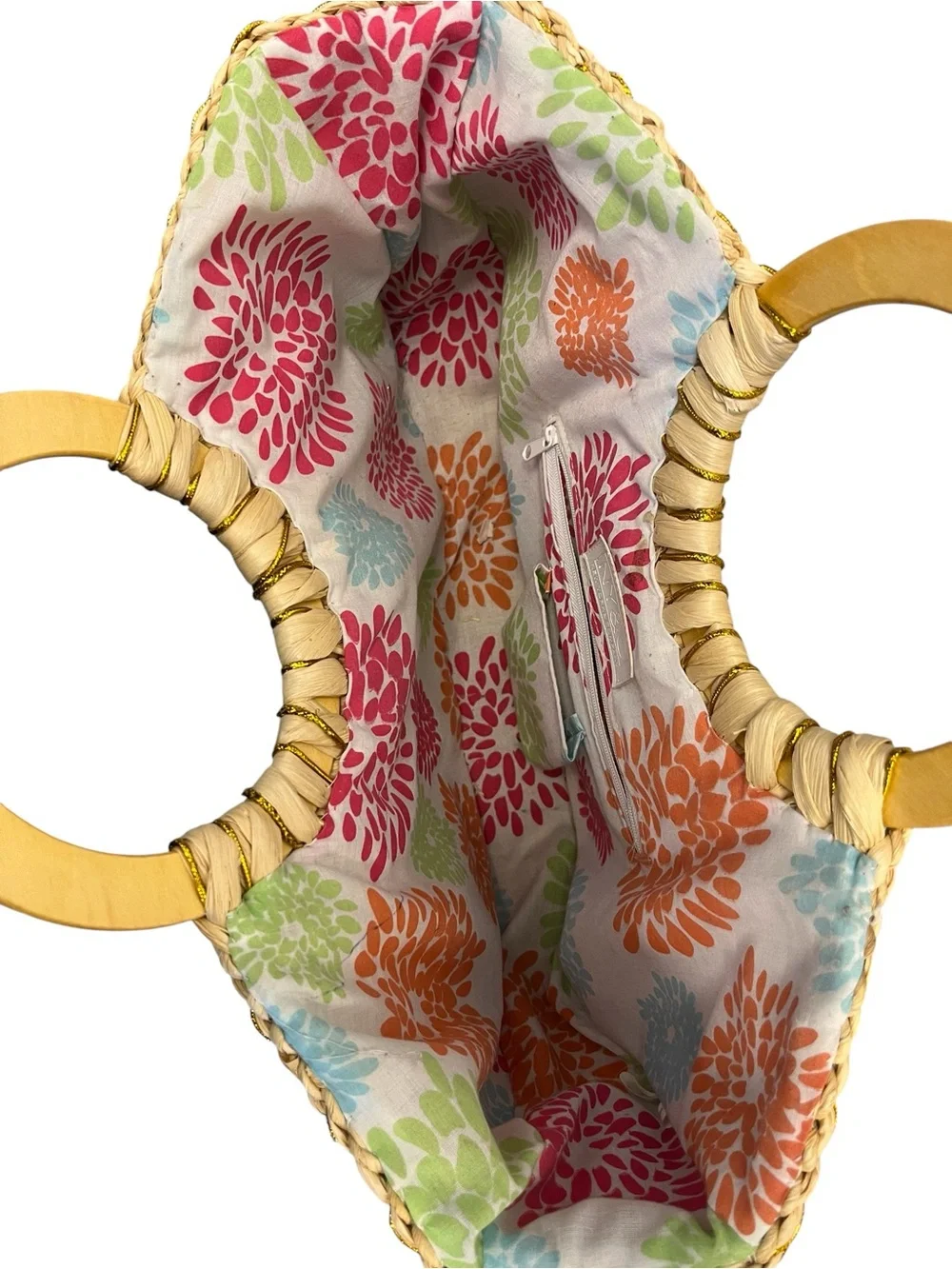 New York & Company Half-Moon Woven Straw & Gold Metallic Circle Handle Tote Bag